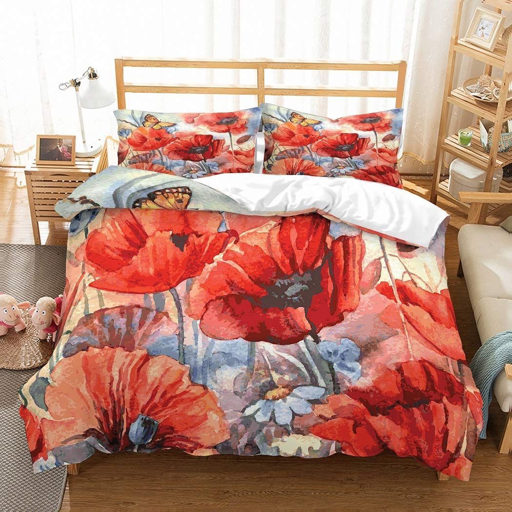 Butterfly Red Flowers Bedding Set
