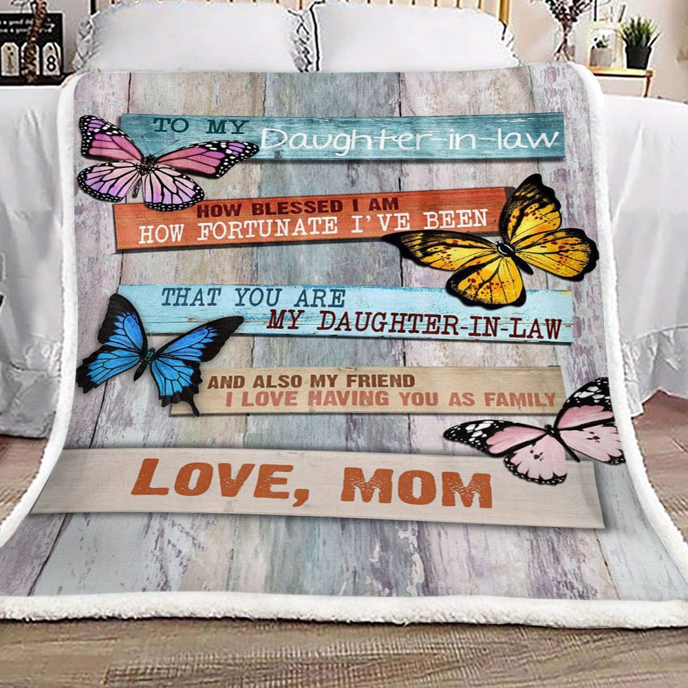 Butterfly To My Daughter In Law Love Mom Sherpa Fleece Blanket