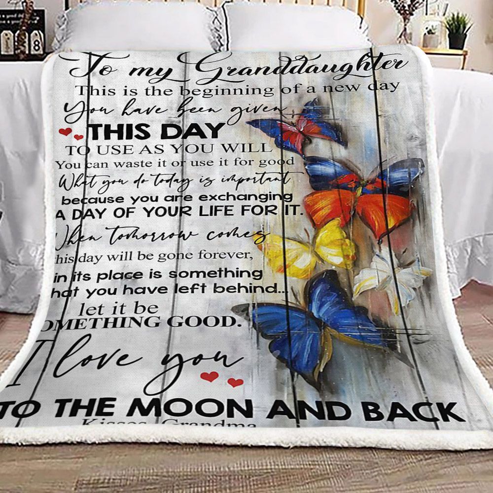 Butterfly To My Granddaughter Kisses Grandma Sherpa Fleece Blanket
