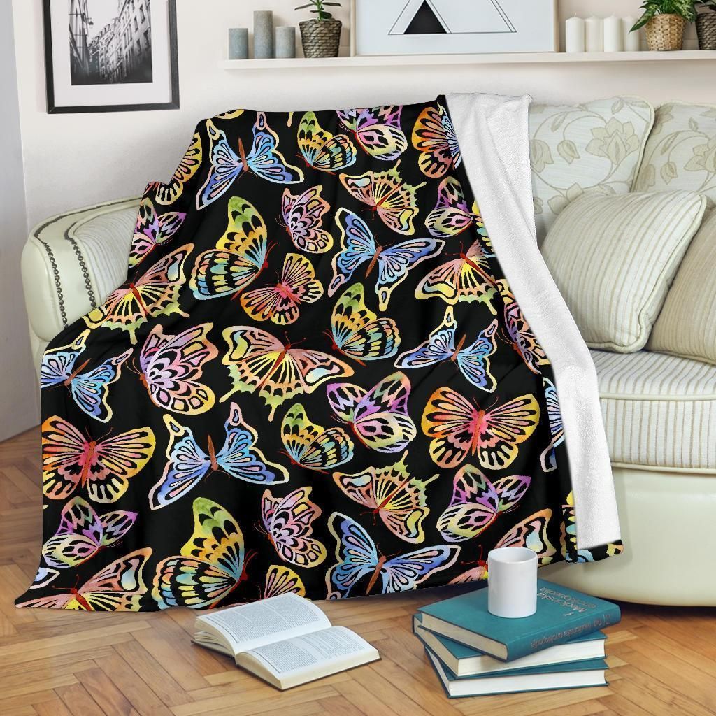 Butterfly Water Color Rainbow Black Fleece Blanket