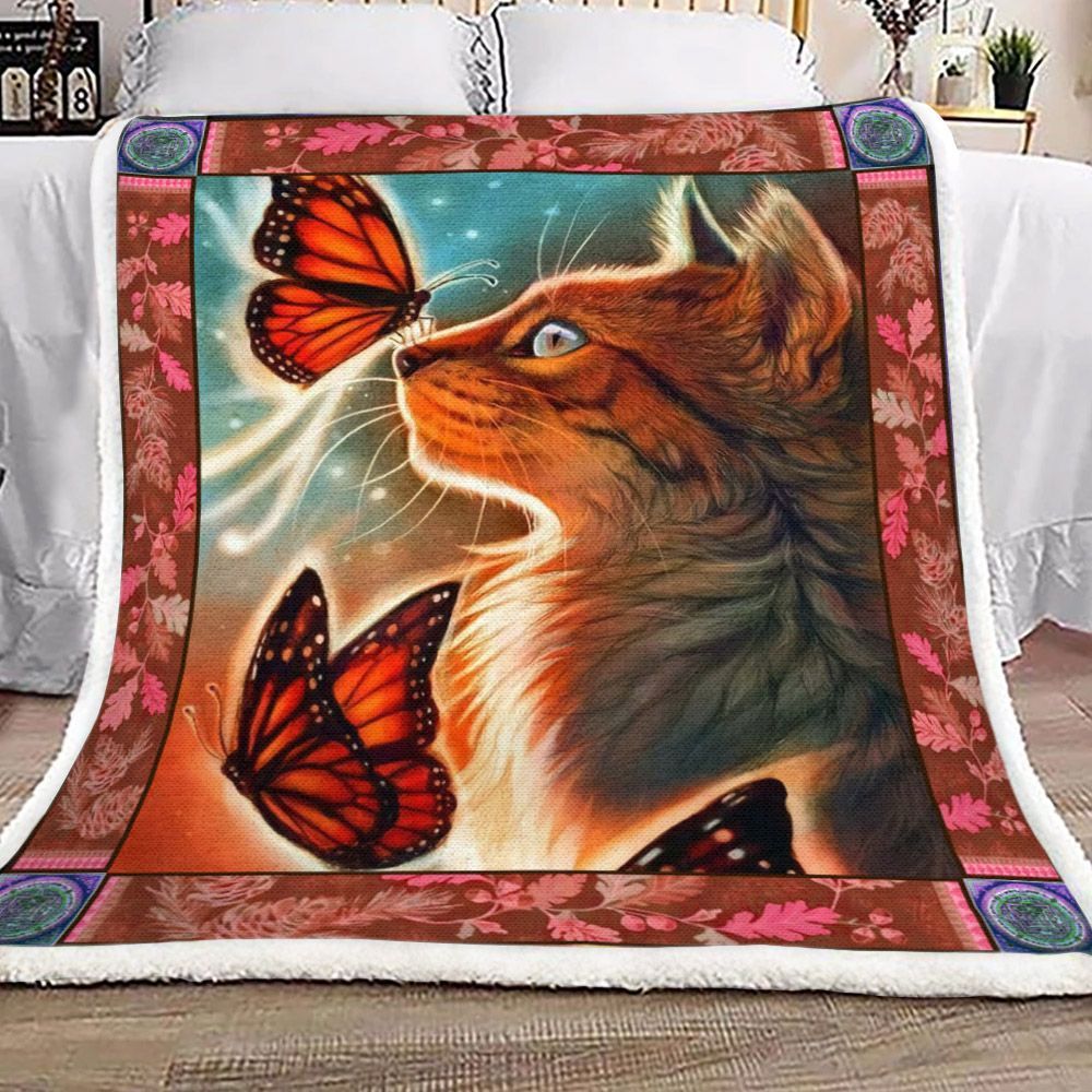 Butterfly with Cat Sherpa Fleece Blanket
