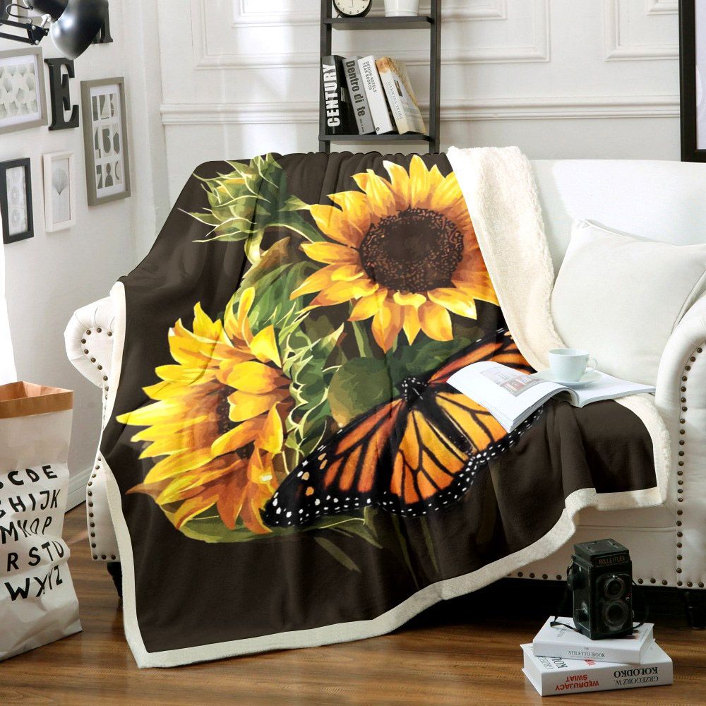 Butterfly With Sunflower Sherpa Fleece Blanket