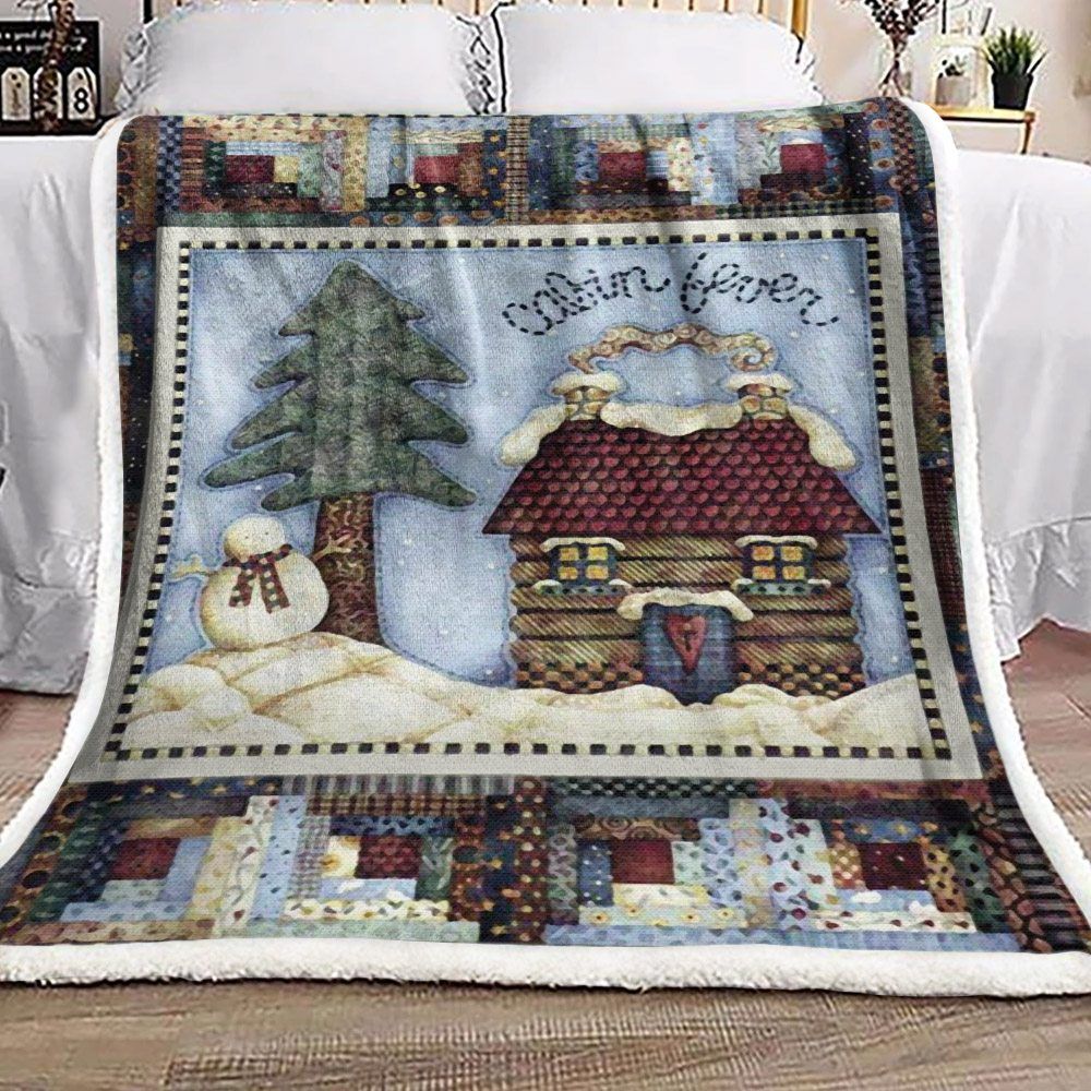 Cabin Snowman Christmas Sherpa Fleece Blanket