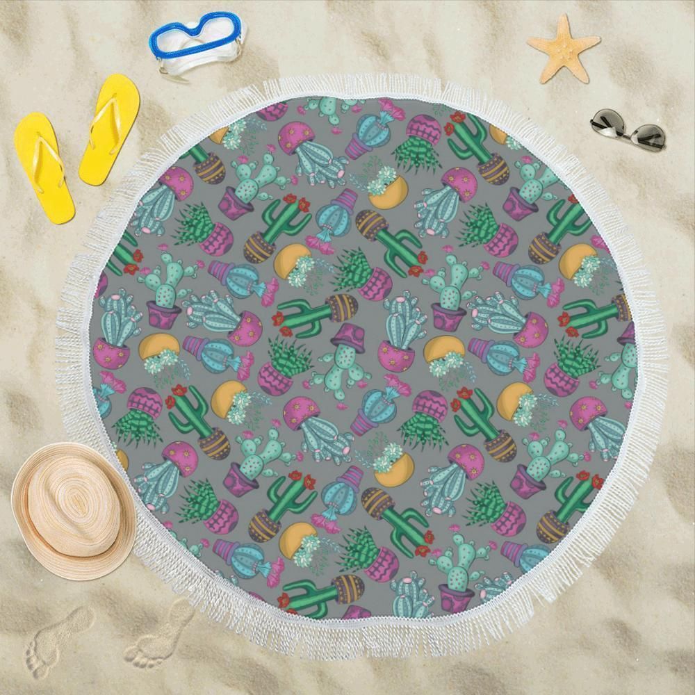Cactus Colorful Printed Pattern Round Beach Towel