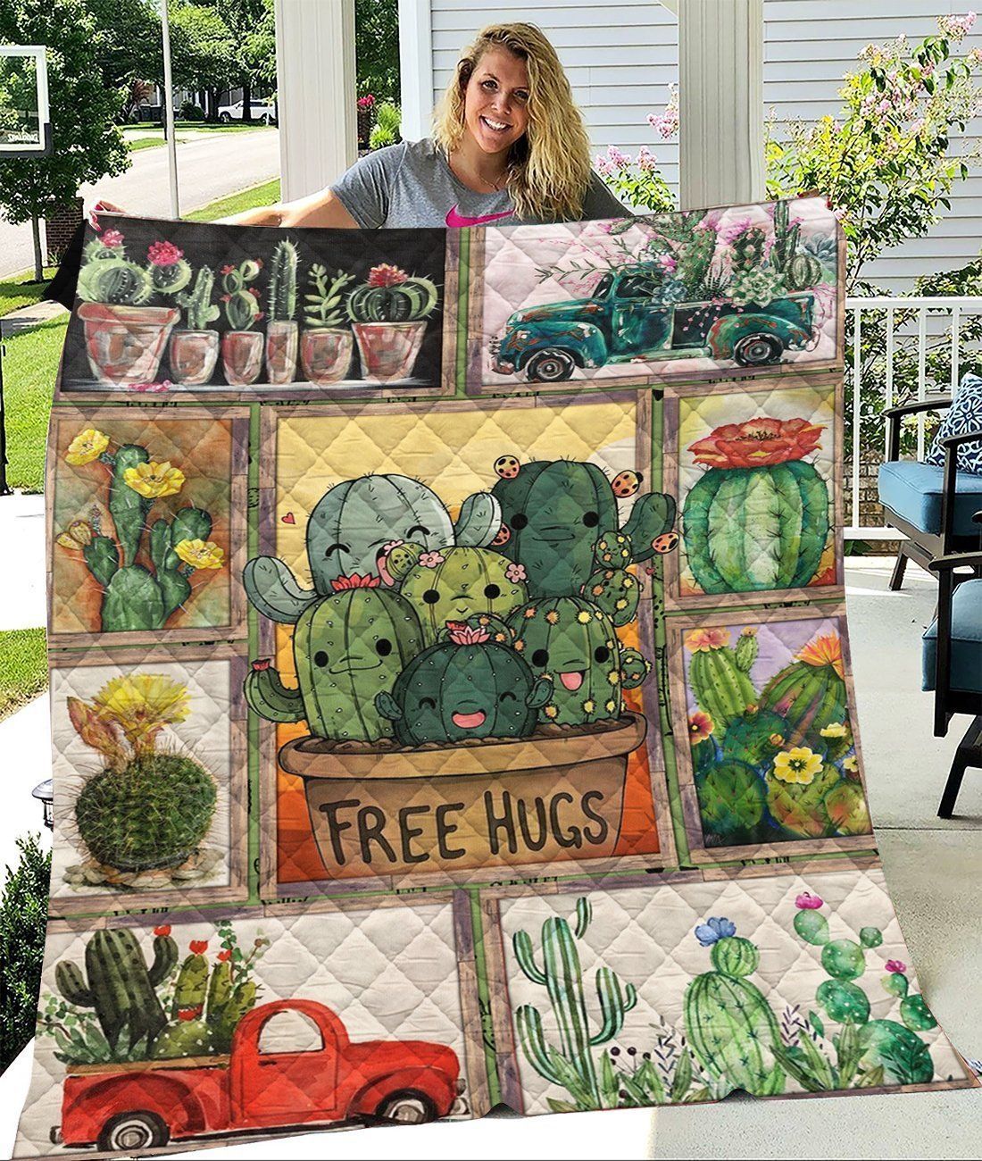 Cactus Tree Hugs Gift For Cactus Lovers Quilt Blanket