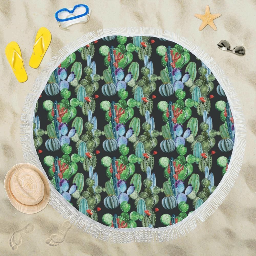 Cactus Watercolor Style Print Round Beach Towel