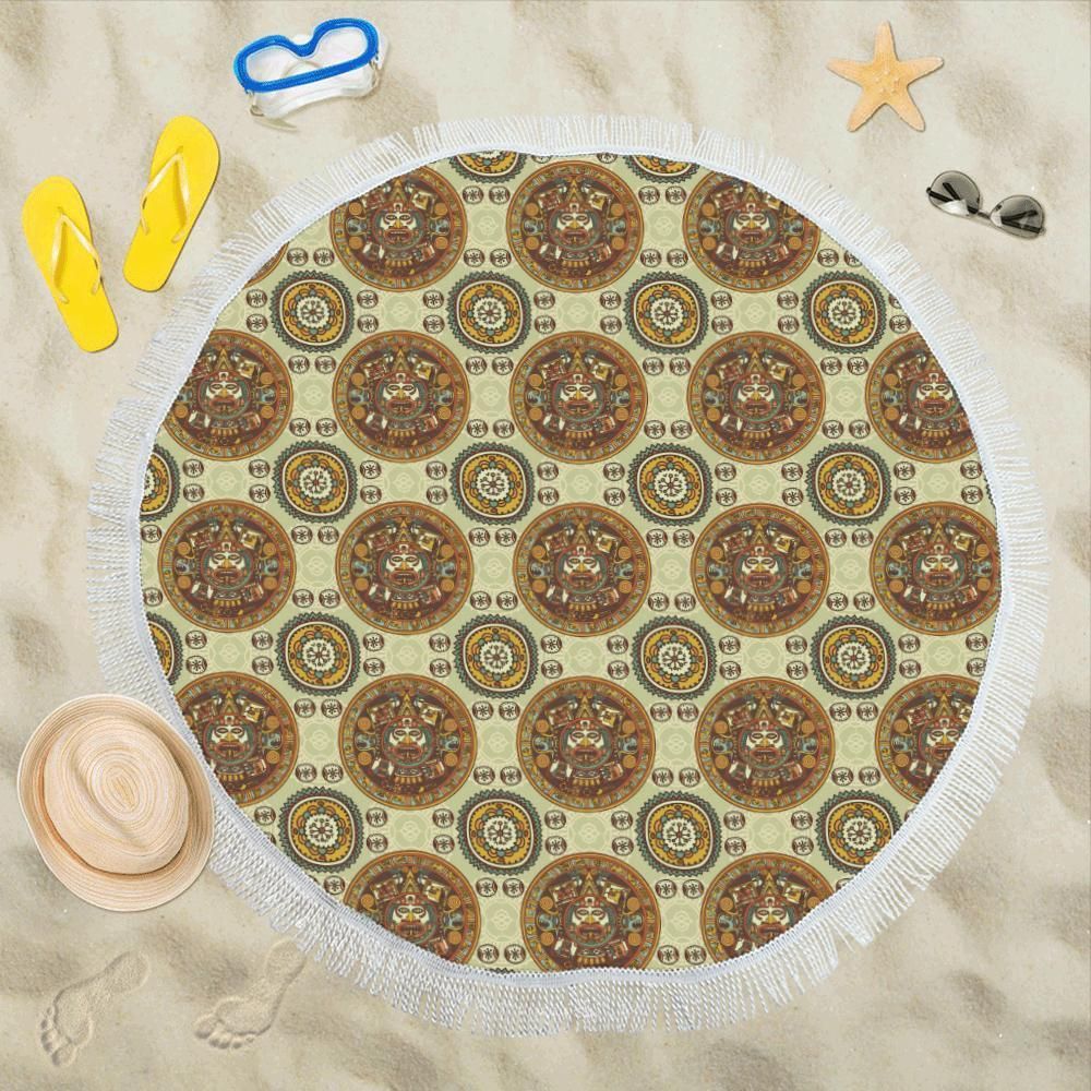 Calendar Aztec Themed Print Pattern Round Beach Towel