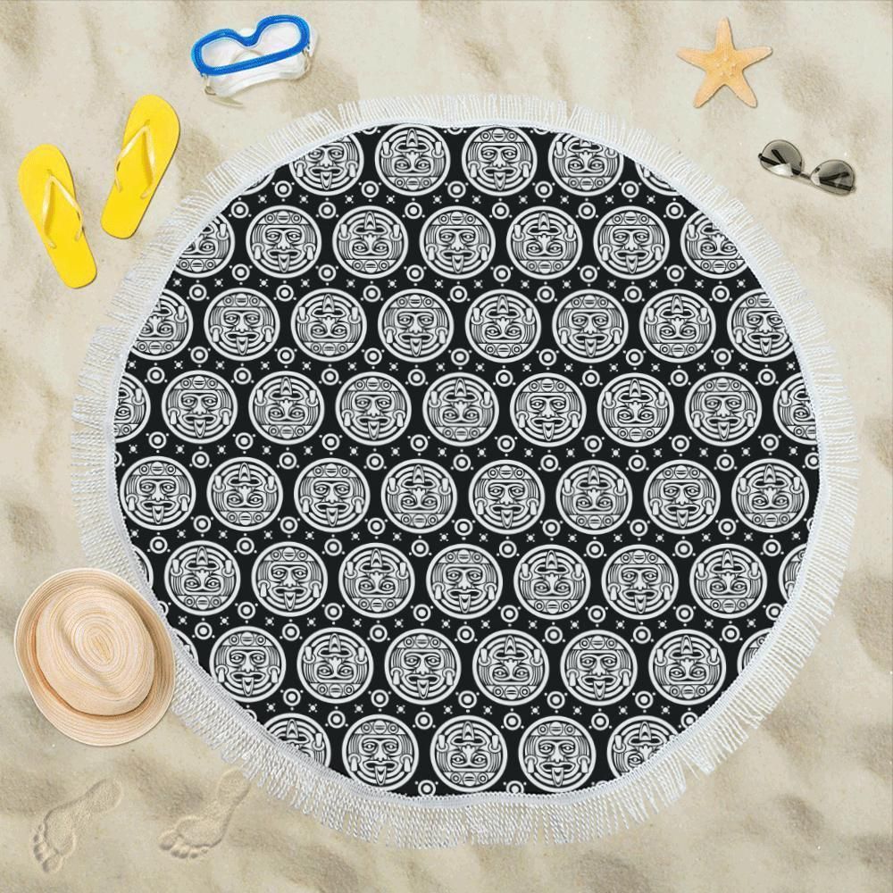 Calendar Aztec White Black Print Pattern Round Beach Towel