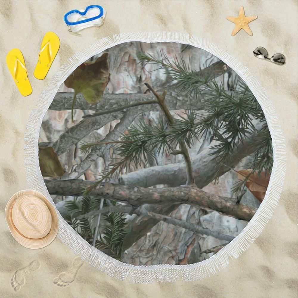 Camo Realistic Tree Forest Pattern Round Beach Towel