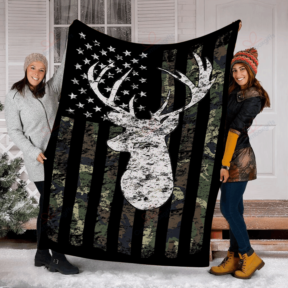 Camouflage American Flag Deer Hunting Sherpa Fleece Blanket