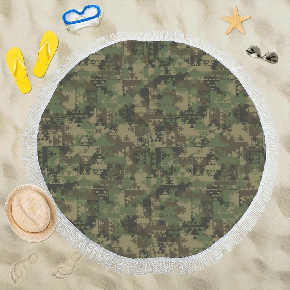 Camouflage Aztec Green Army Printed Round Beach Towel
