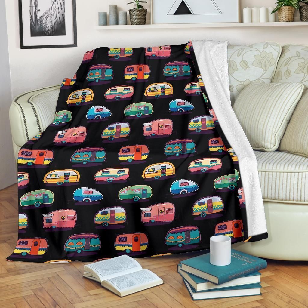 Camper Camping Black Pattern Fleece Blanket