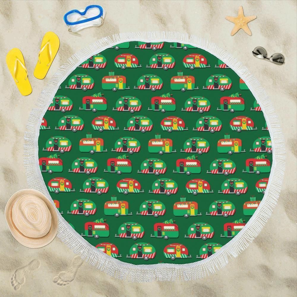 Camper Camping Christmas Themed Print Round Beach Towel