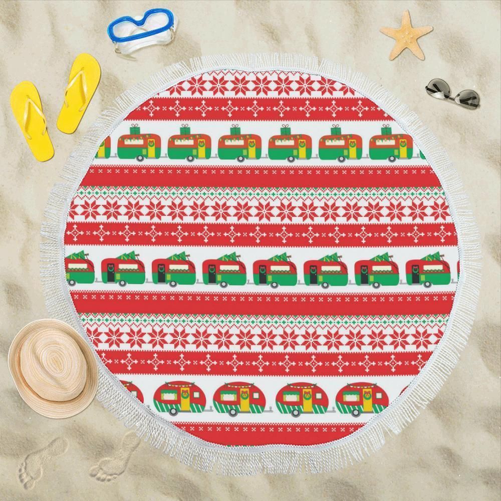 Camper Camping Ugly Christmas Design Printed Round Beach Towel