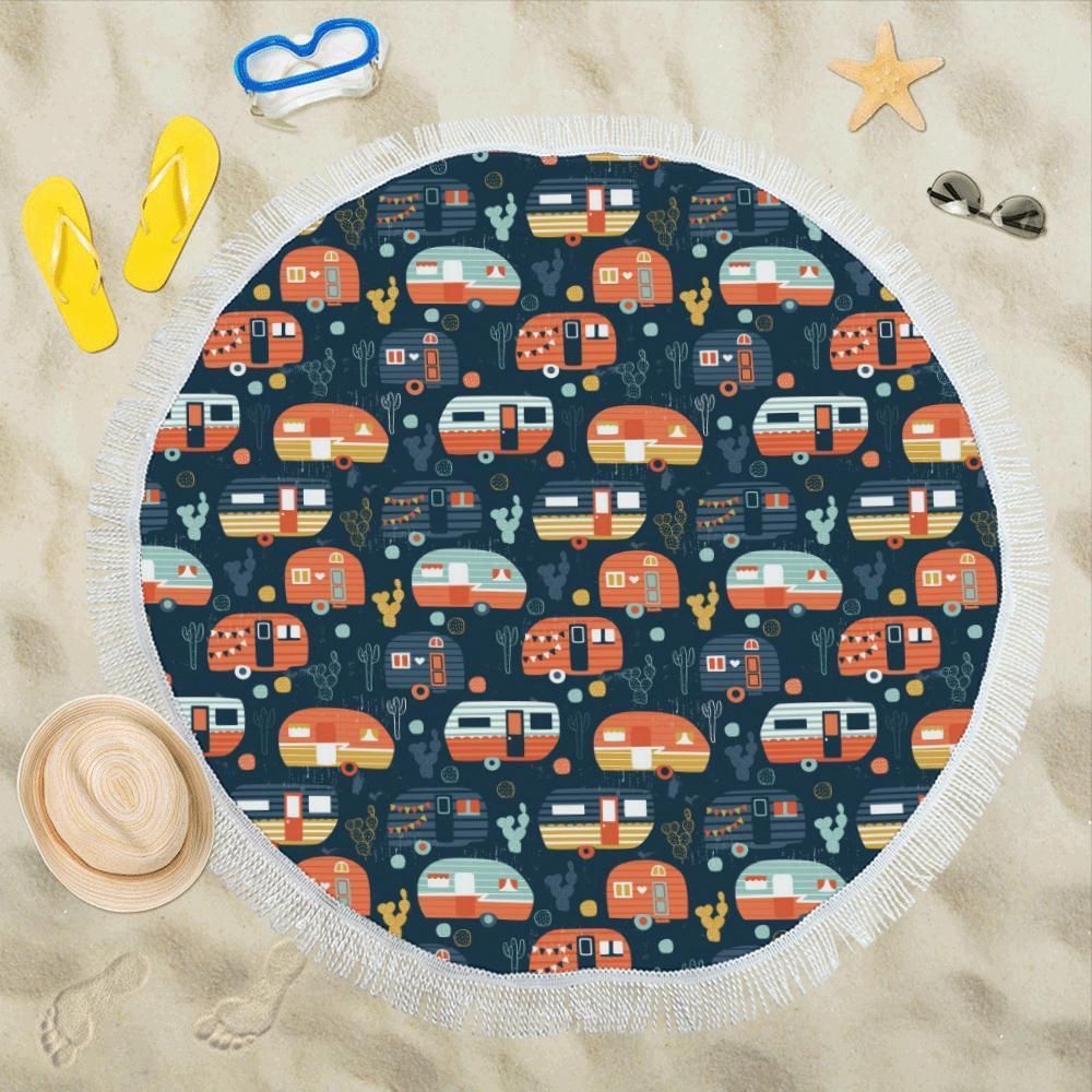 Camper Caravan Print Pattern Round Beach Towel
