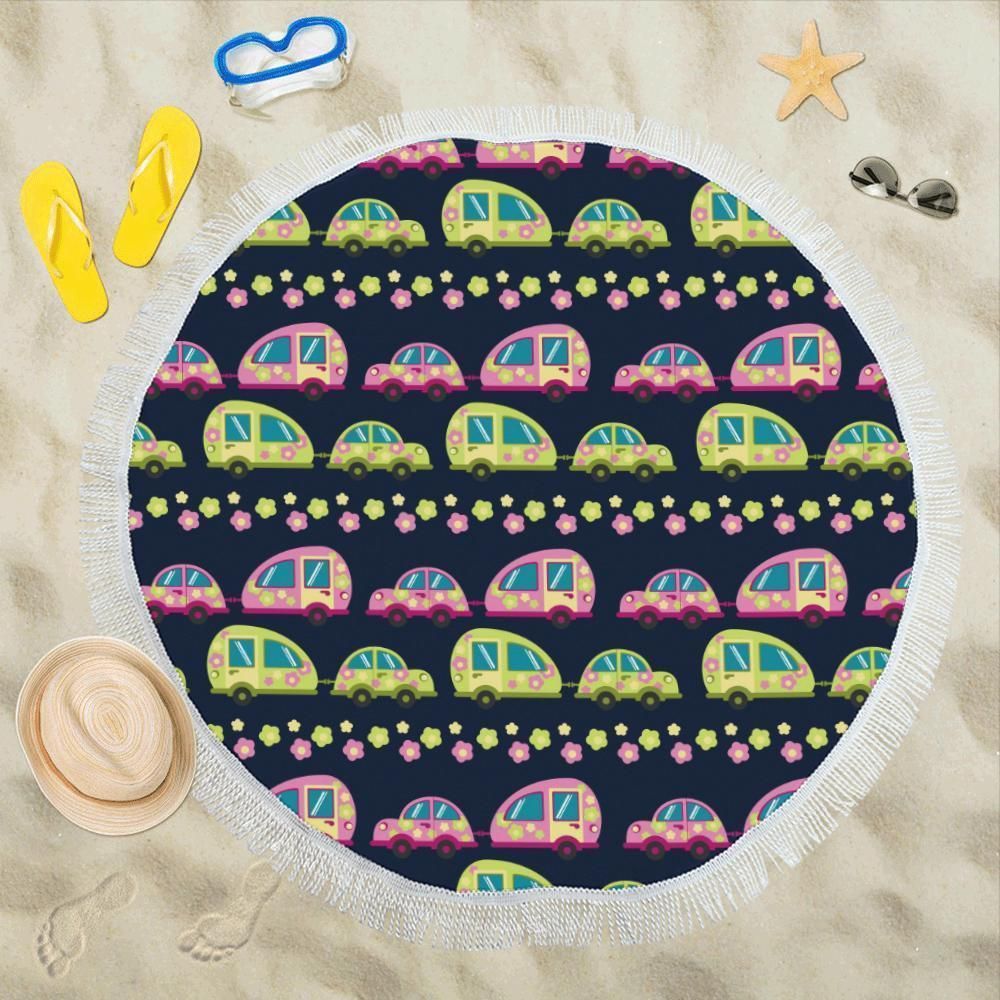 Camper Cute Camping Design Printed Round Beach Towel