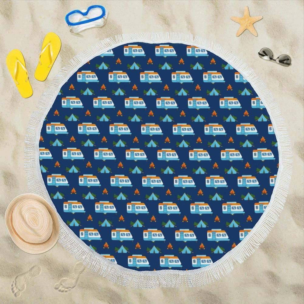 Camper Pattern Camping Themed Print Round Beach Towel