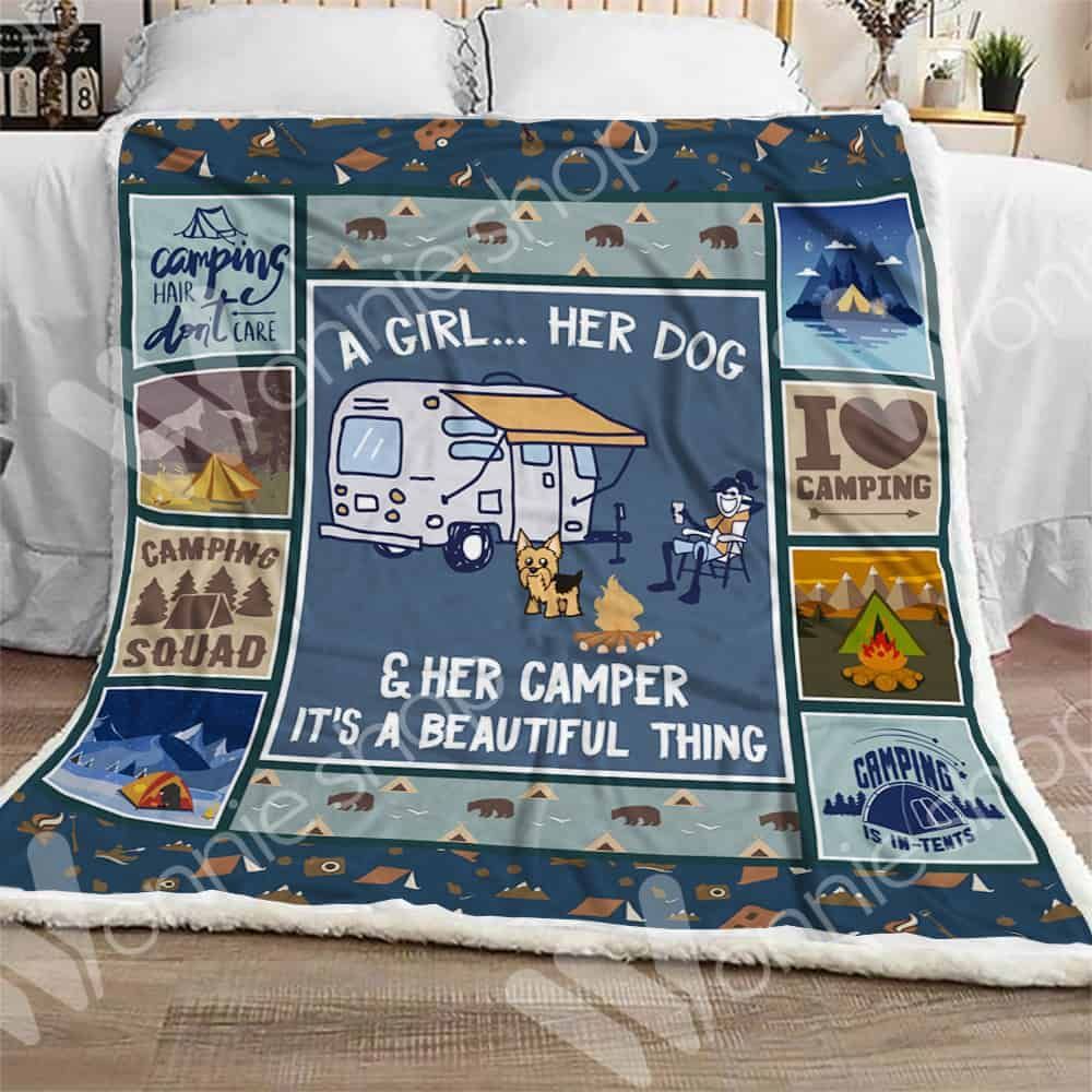 Camping A Girl Her Dog And Her Camper It Is A Beautiful Thing Sherpa Fleece Blanket