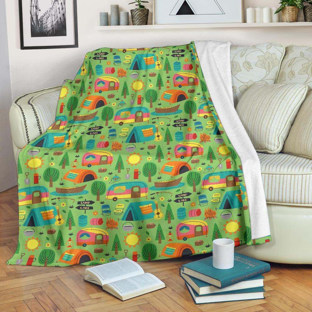 Camping Camper Pattern Sherpa Fleece Blanket