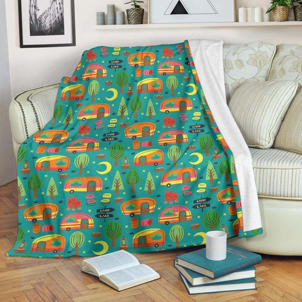 Camping Camper Pattern Sherpa Fleece Blanket