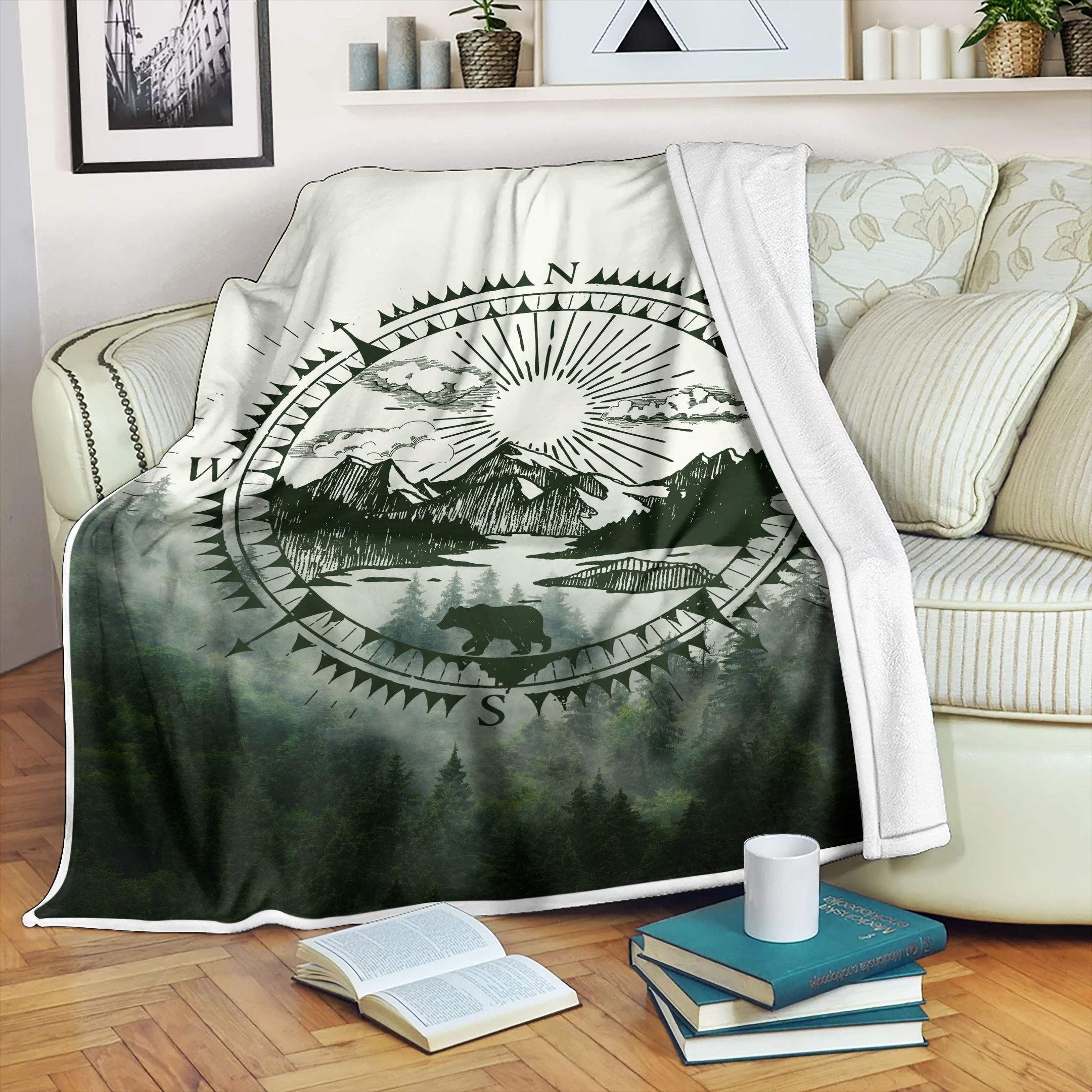 Camping Compass Bear Sherpa Fleece Blanket