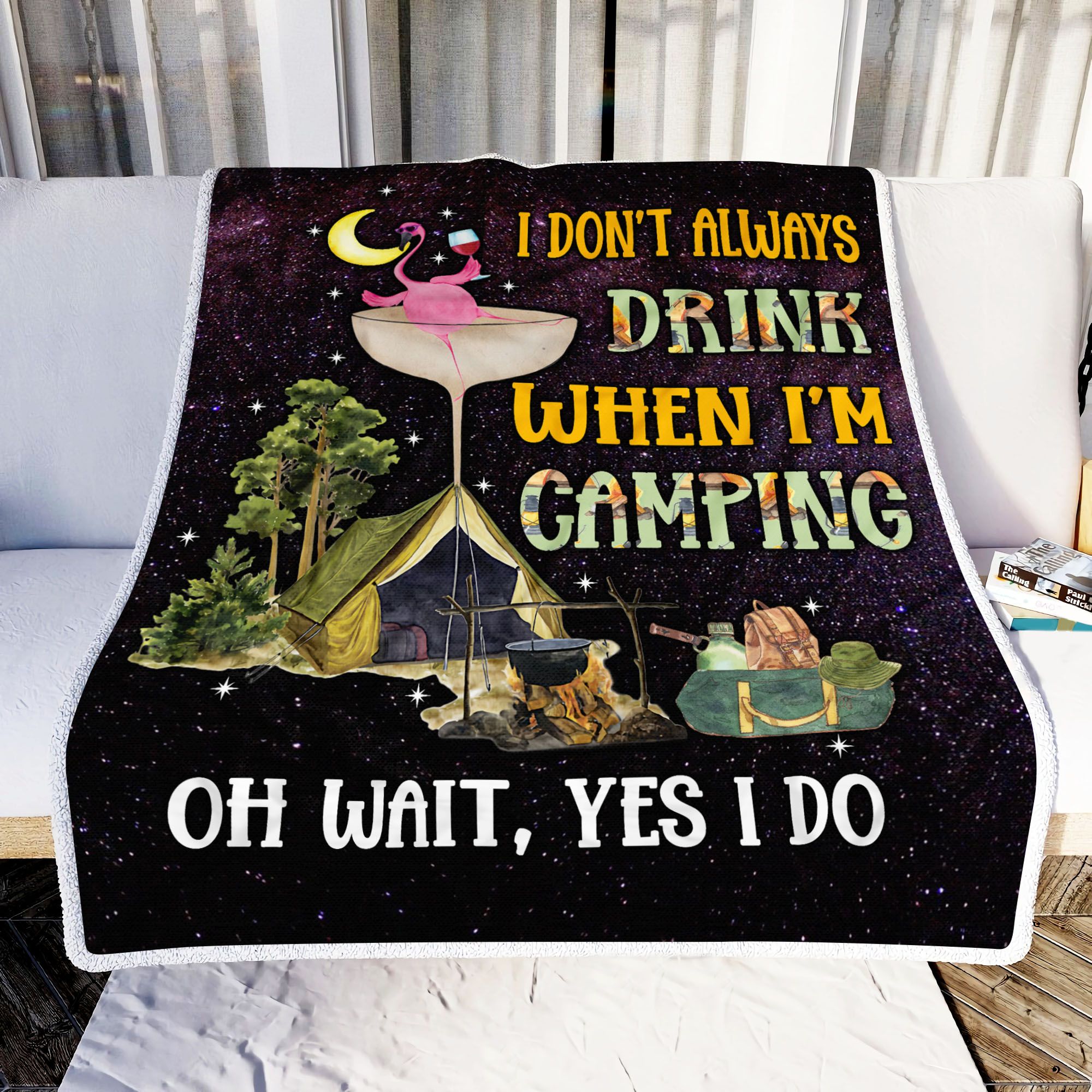 Camping Flamingo Drink Fleece Blanket