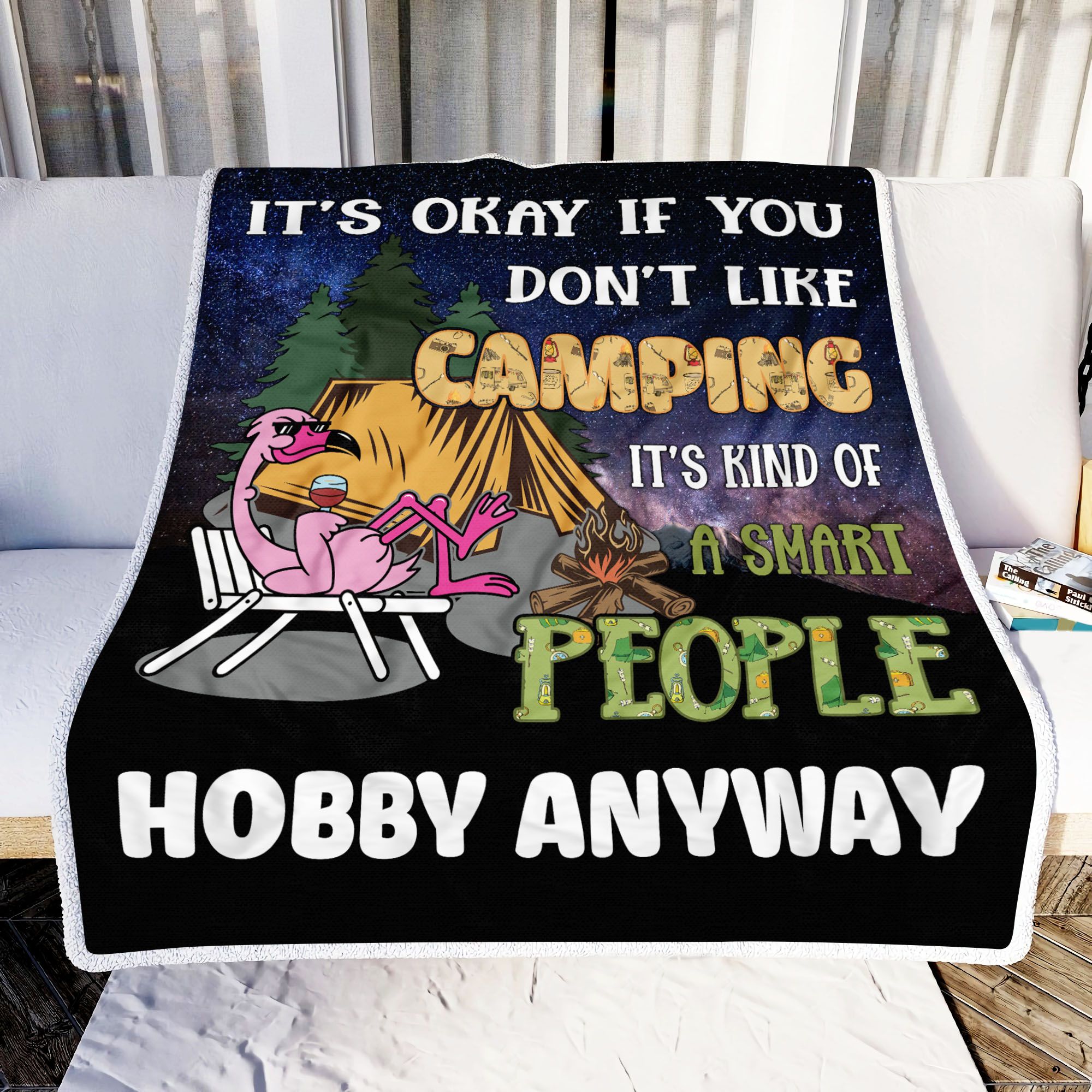 Camping Flamingo Fleece Blanket