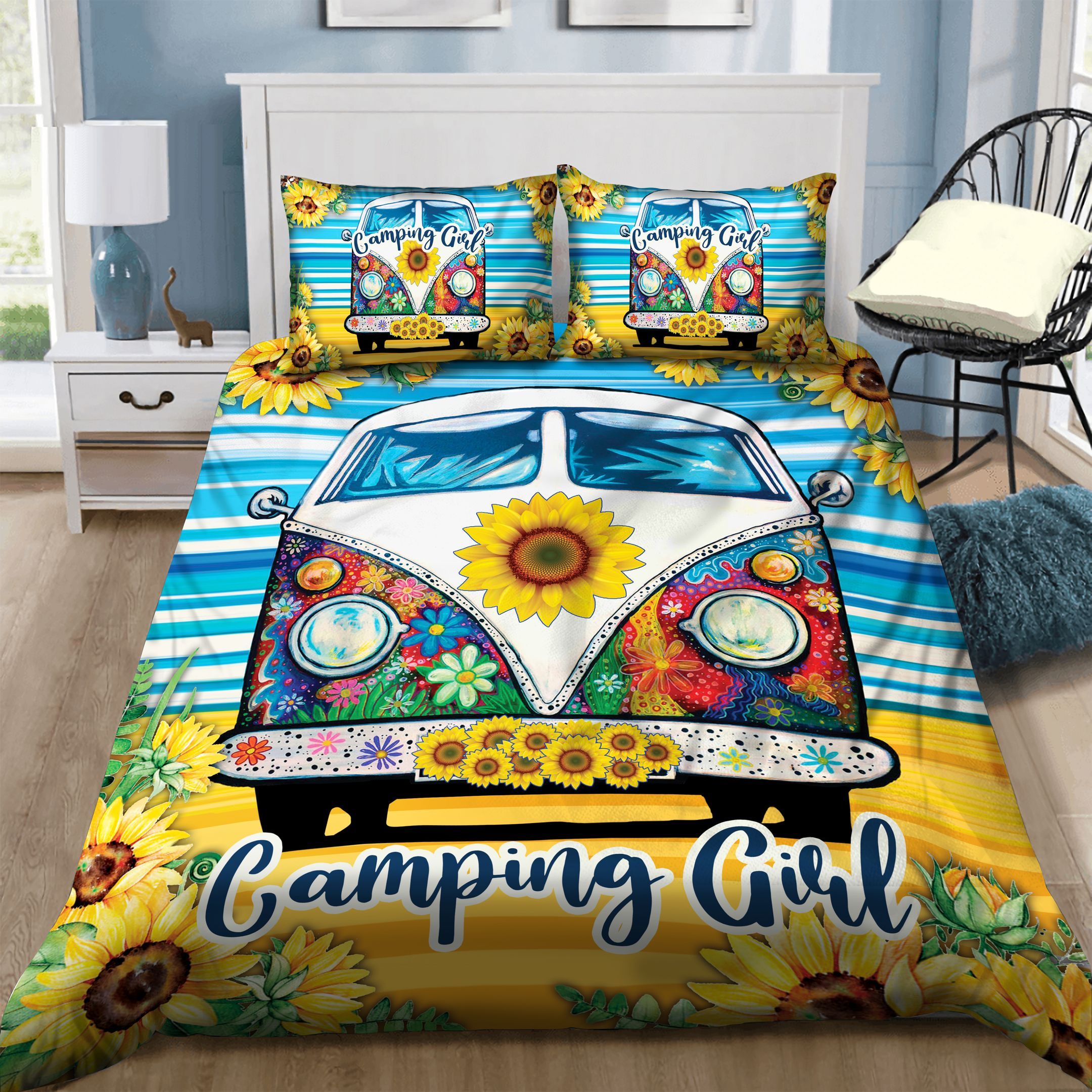 Camping Girl Sunflower Bedding Set