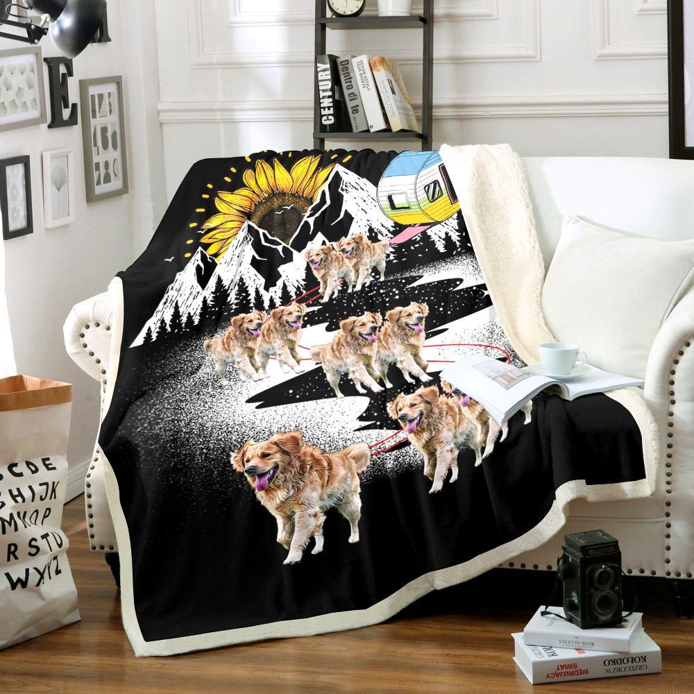 Camping Golden Retriever Sherpa Fleece Blanket
