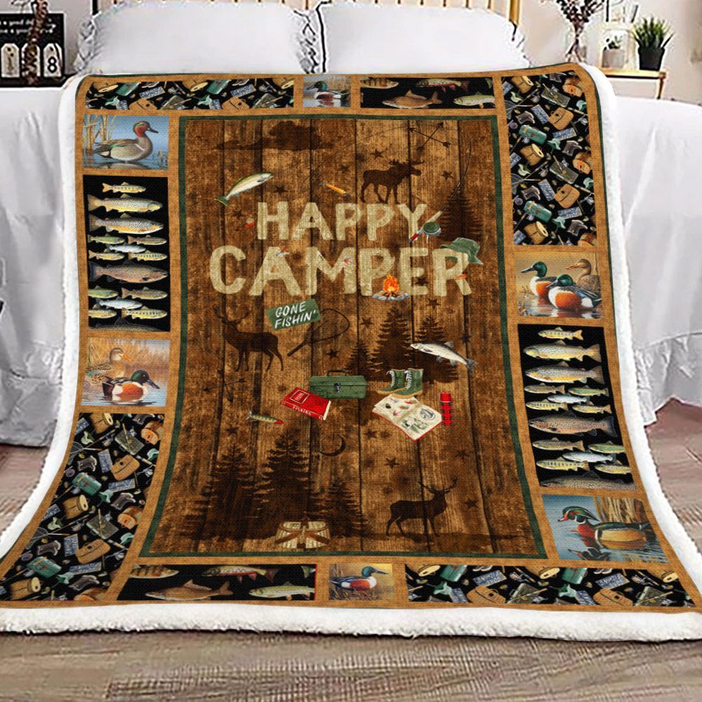 Camping Happy Camper Sherpa Fleece Blanket