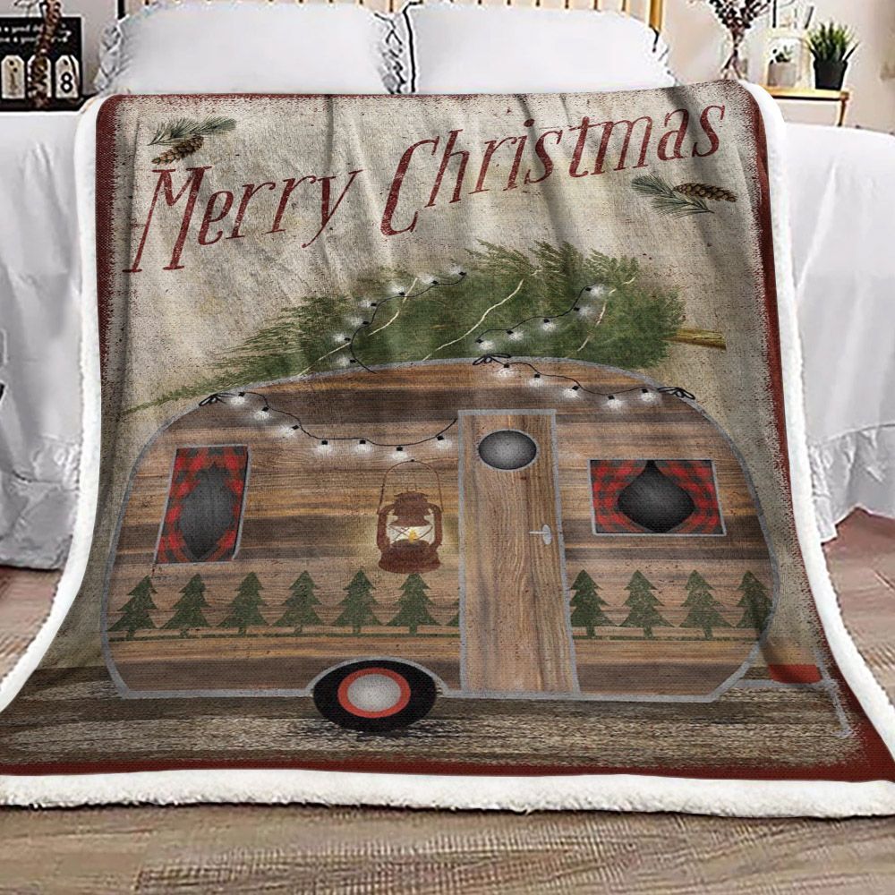 Camping Merry Christmas Sherpa Fleece Blanket