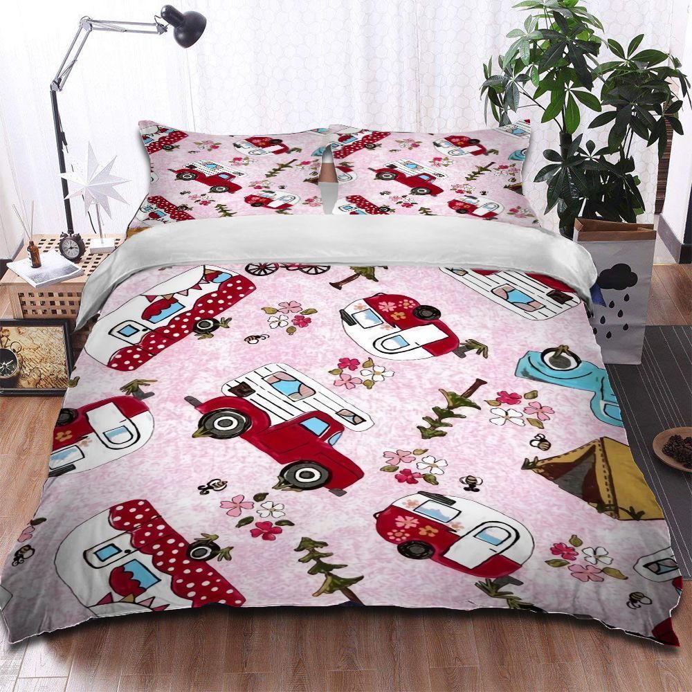 Camping Pink Camper Vans Bedding Set