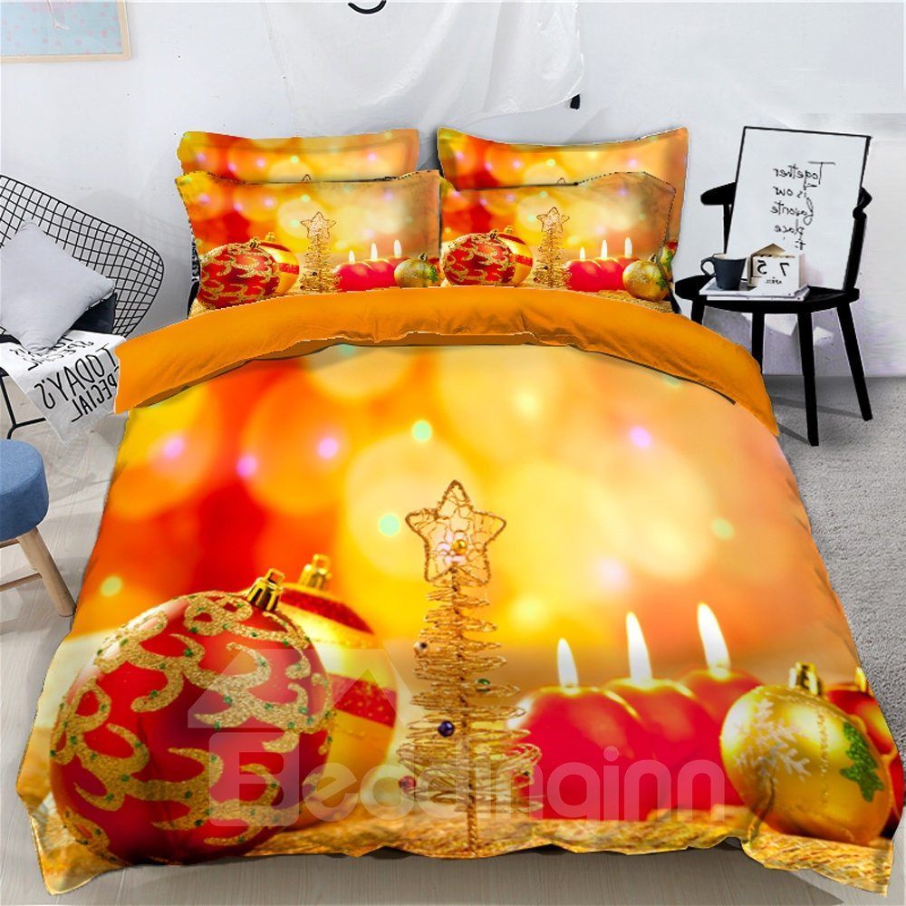 Candle And Golden Christmas Tree Bedding Set