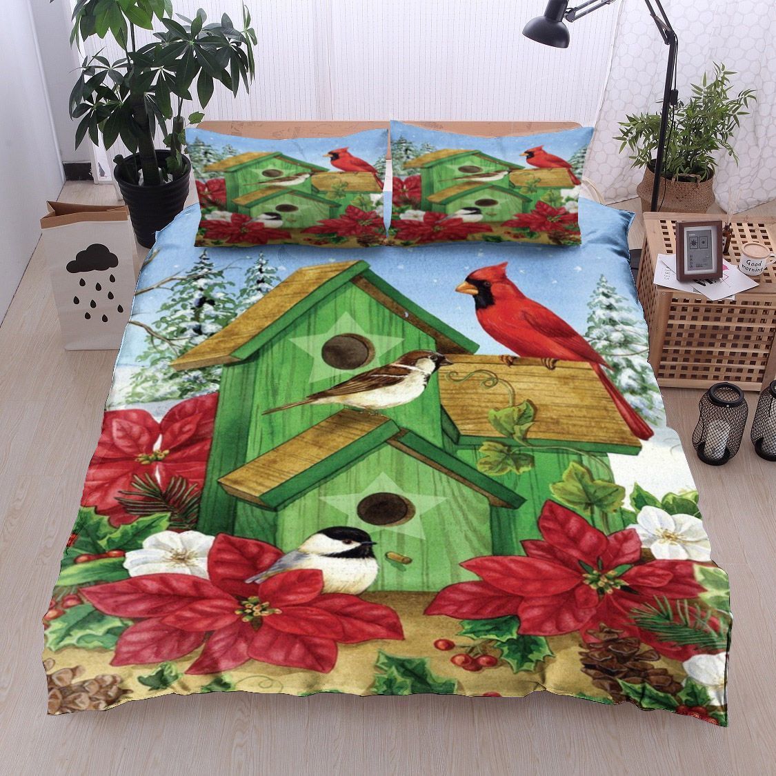 Cardinal And Green Bird Houses Bedding Set