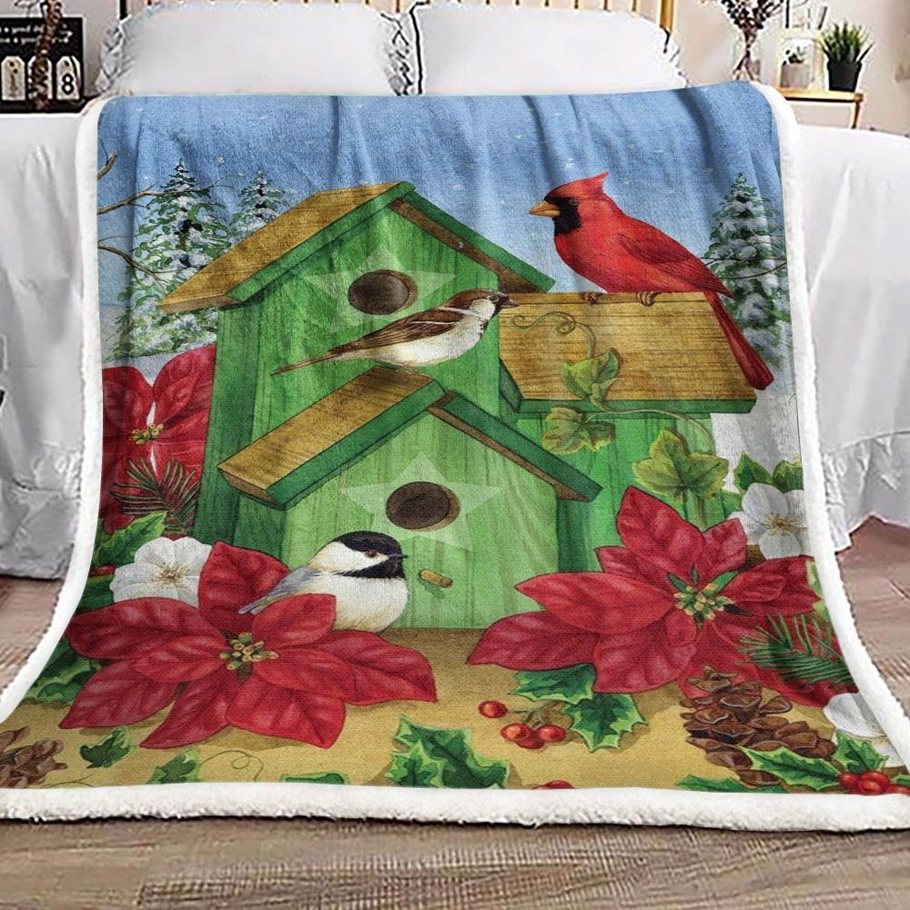 Cardinal And Green Bird Houses Sherpa Fleece Blanket