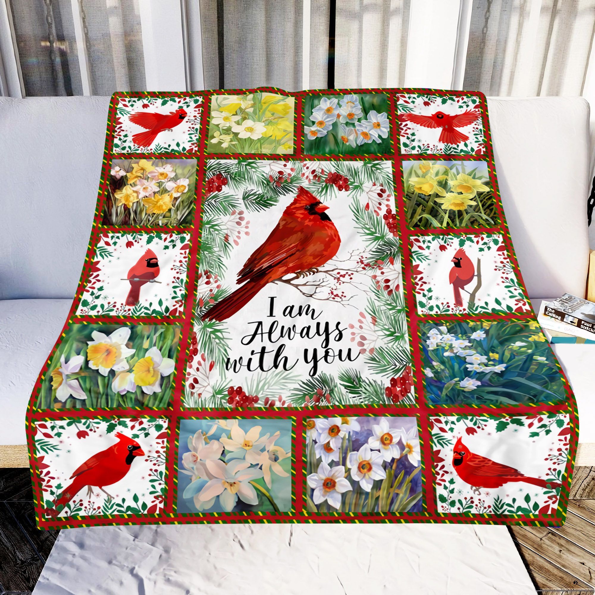 Cardinal Bird And Daffodils Sherpa Fleece Blanket