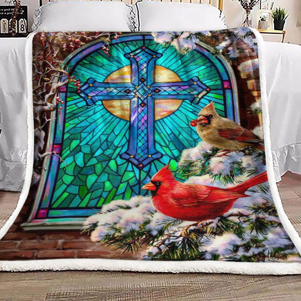 Cardinal Birds And Cross Sherpa Fleece Blanket