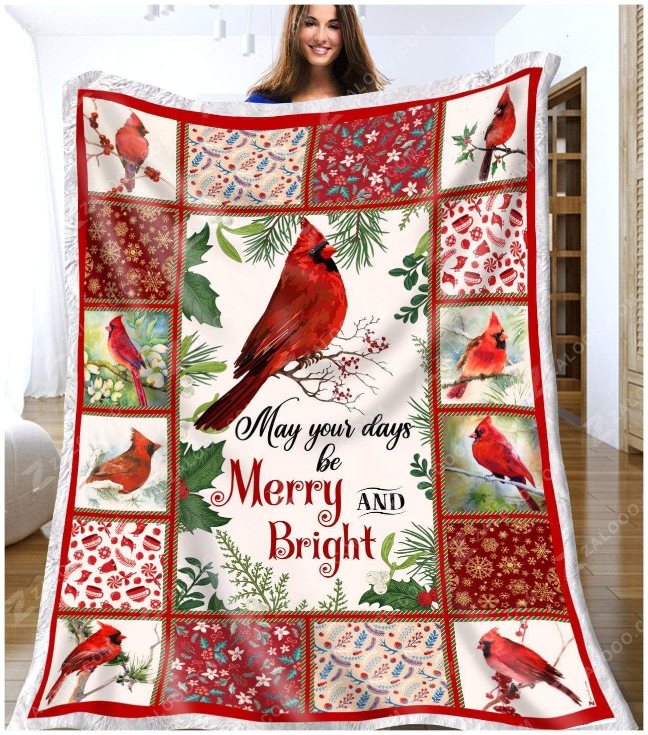 Cardinal Christmas Merry And Bright Sherpa Fleece Blanket