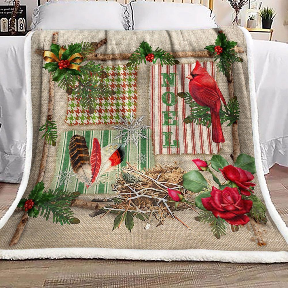Cardinal Christmas Rose Sherpa Fleece Blanket