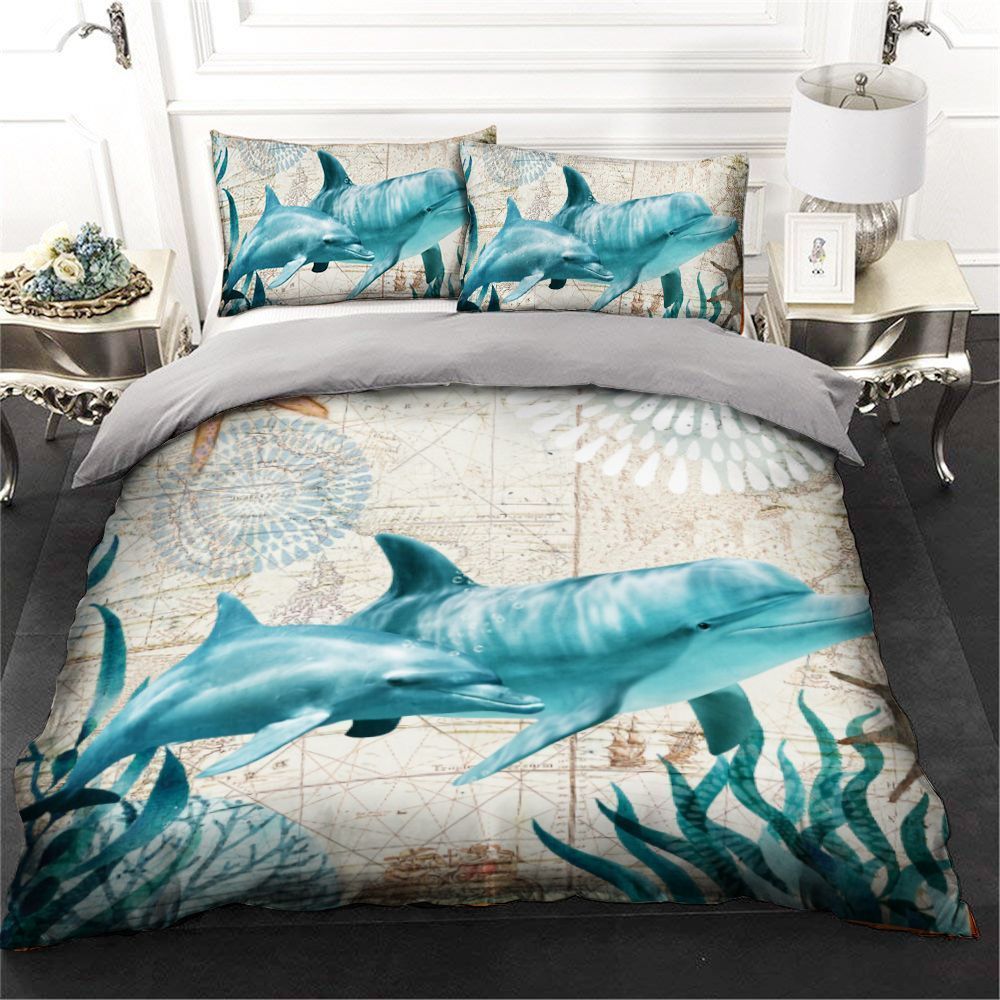 Cartoon Blue Dolphin Bedding Set