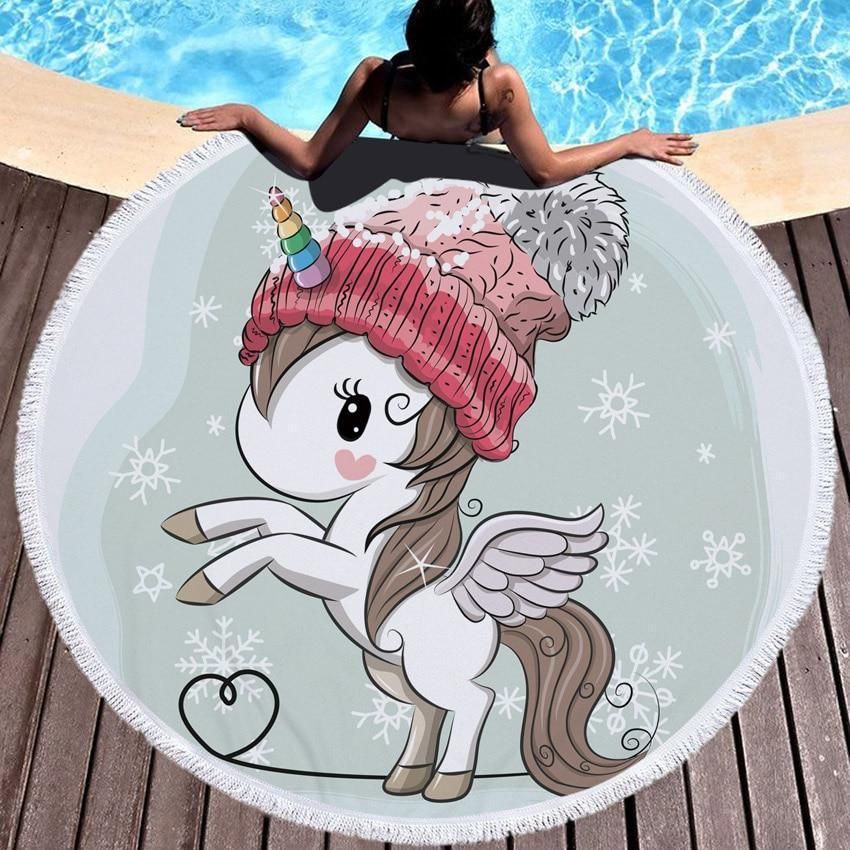 Cartoon Brown Unicorn Printed Round Beach Towel