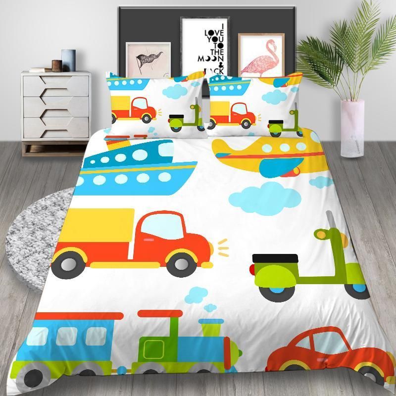 Cartoon Car And Ship Over Printed Bedding Set