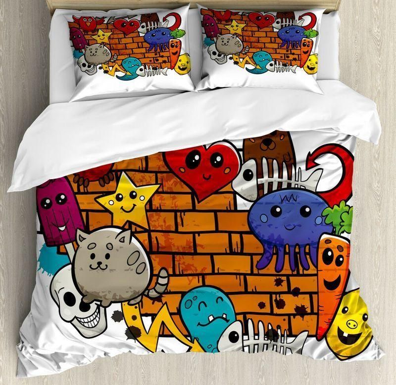 Cartoon Cat Bird Skull Bedding Set