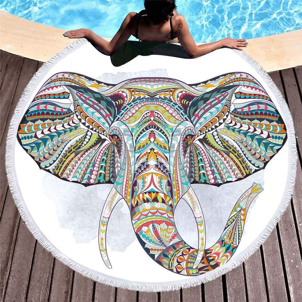 Cartoon Colorful Elephant Head Printed Round Beach Towel