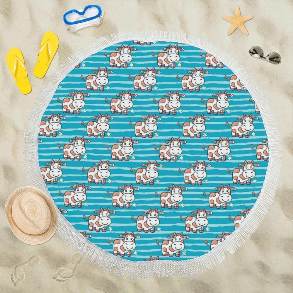 Cartoon Cow Cute Blue Printed Pattern Round Beach Towel