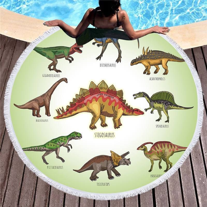 Cartoon Dinosaur Family Printed Round Beach Towel