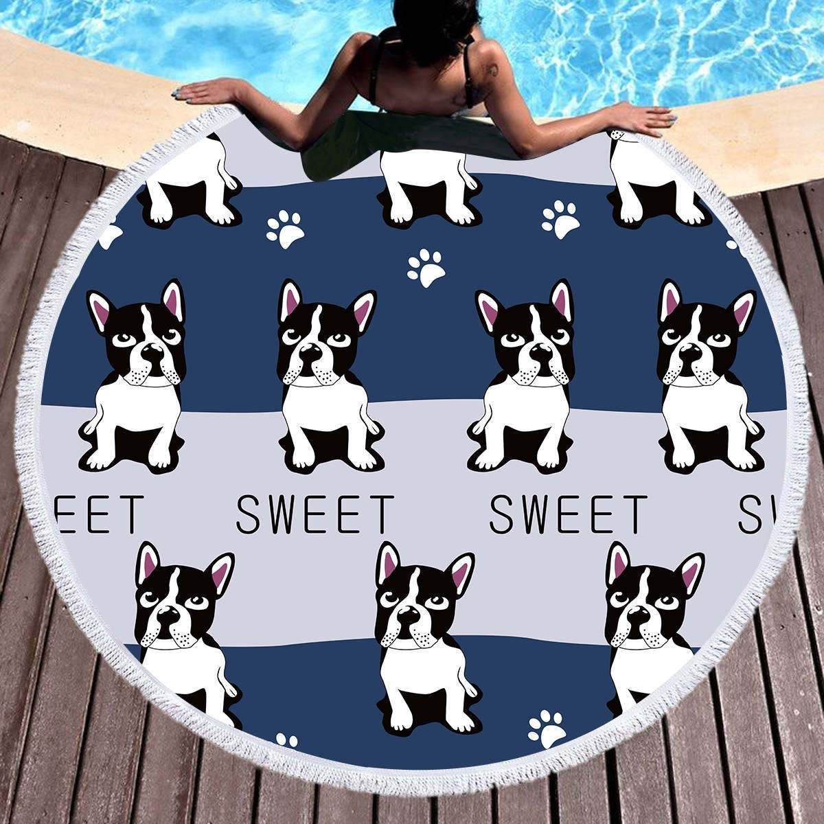 Cartoon Dogs And Footprints Printed Round Beach Towel