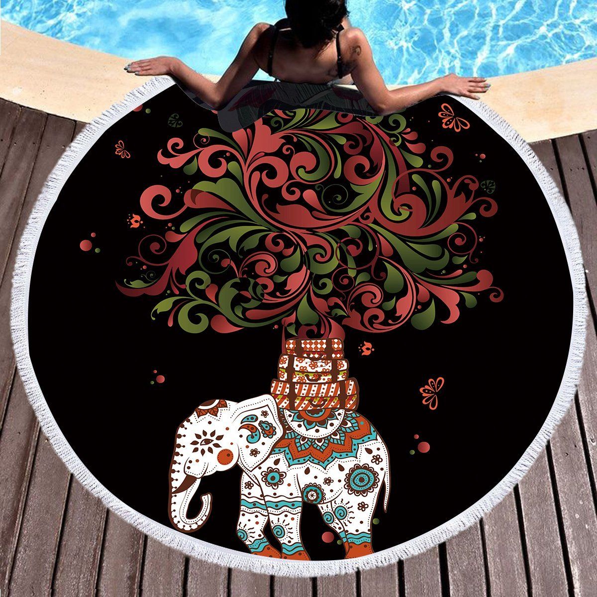 Cartoon Elephant And Tree Printed Round Beach Towel