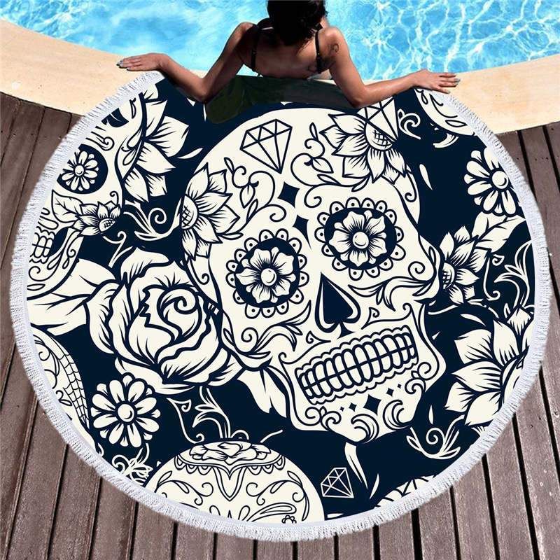 Cartoon Flower And Skull Bohemian Round Beach Towel