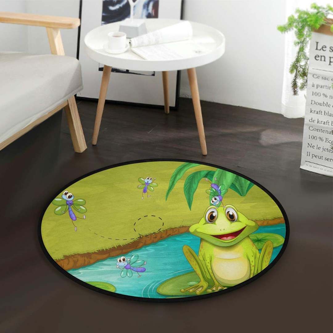 Cartoon Frog And Dragonfly Round Carpet